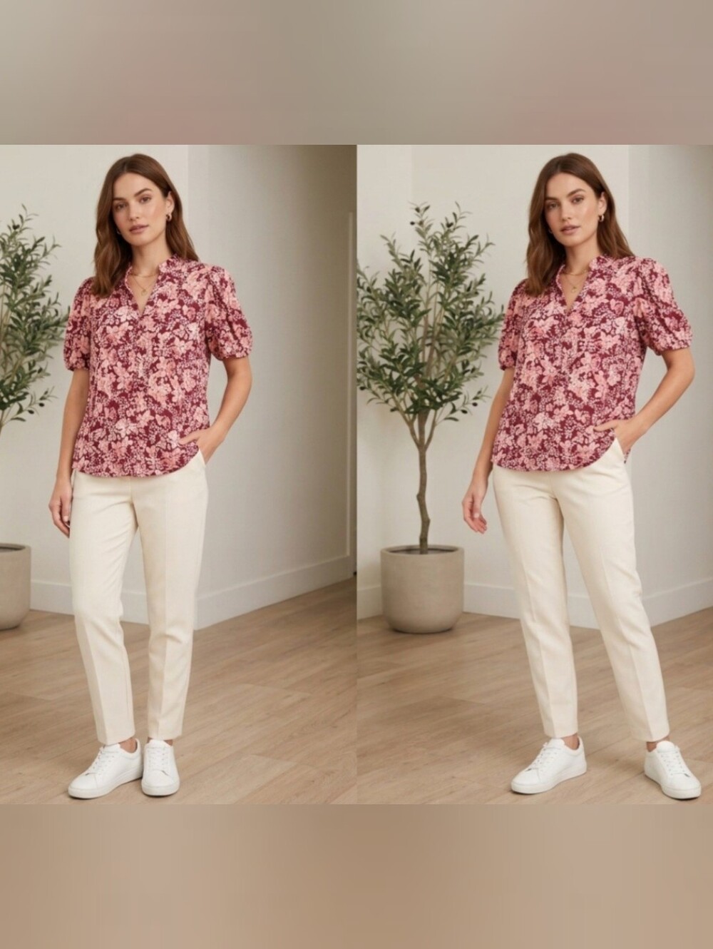 LC Lauren Conrad Rose Floral Short-Sleeve Mock Neck Blouse
